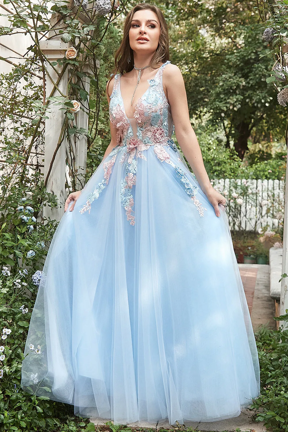 A Line Deep V Neck Light Blue Long Prom Dresses with Appliques sold by Zapaka product image thumbnail 5