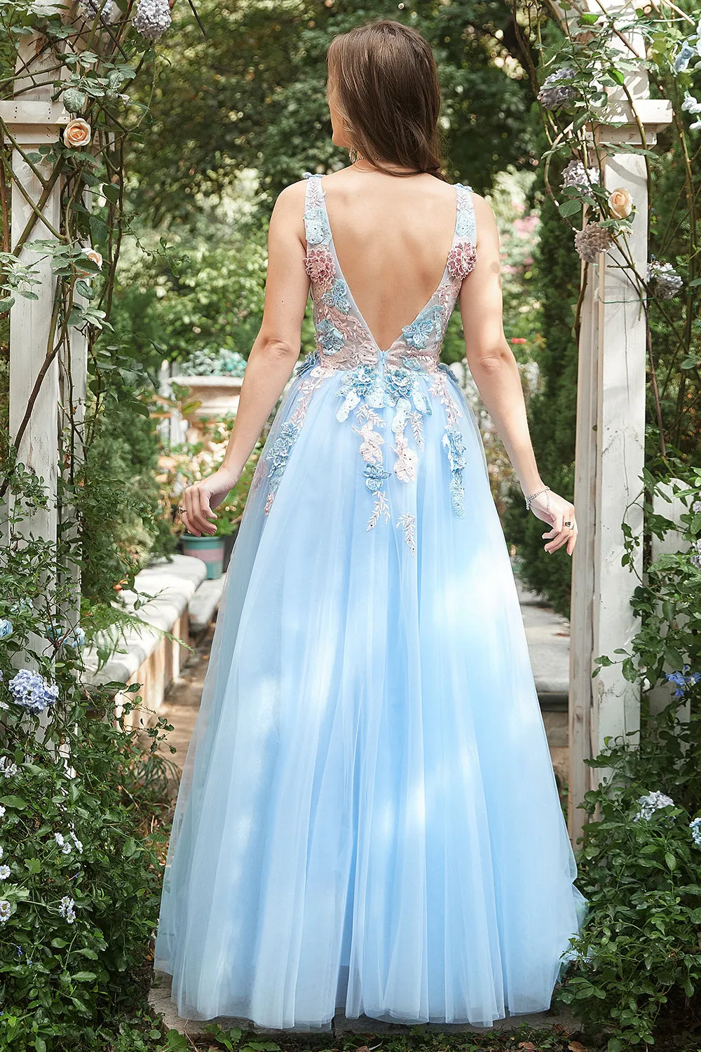 A Line Deep V Neck Light Blue Long Prom Dresses with Appliques sold by Zapaka product image thumbnail 2