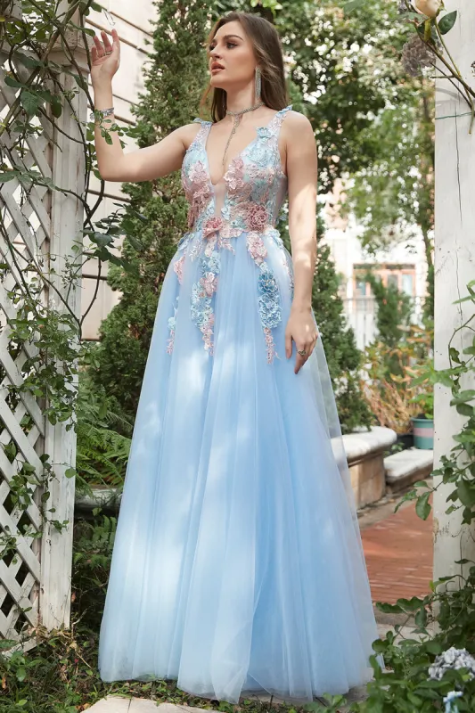 A Line Deep V Neck Light Blue Long Prom Dresses with Appliques sold by Zapaka