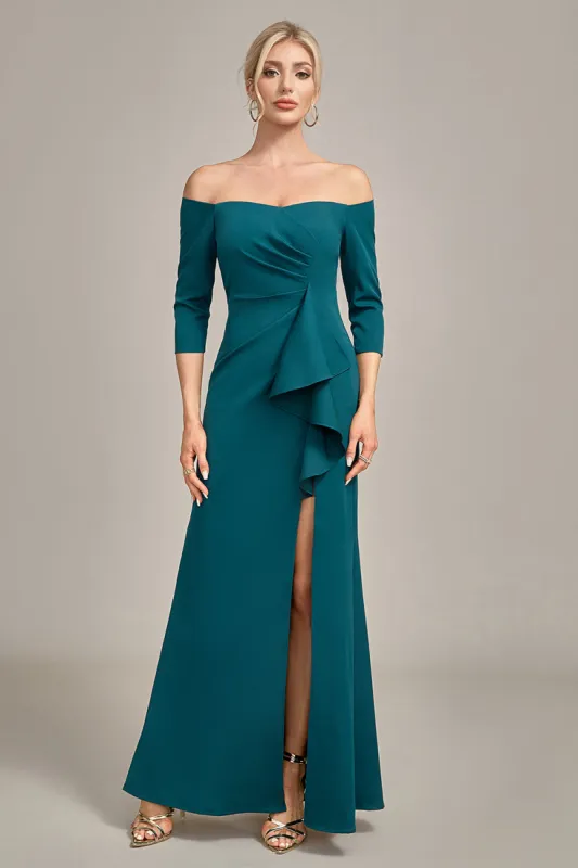 Dark Green Mermaid Off The Shoulder Cascading Ruffled Mother Of The Bride Dress sold by Zapaka