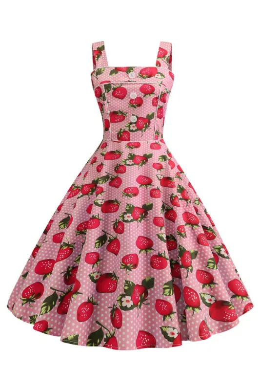 Strawbarries Printed Blue Sleeveless 1950s Dress sold by Zapaka