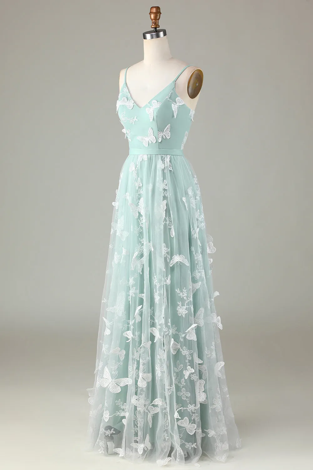 Tulle Spaghetti Straps Matcha Bridesmaid Dress with Appliques sold by Zapaka product image thumbnail 3