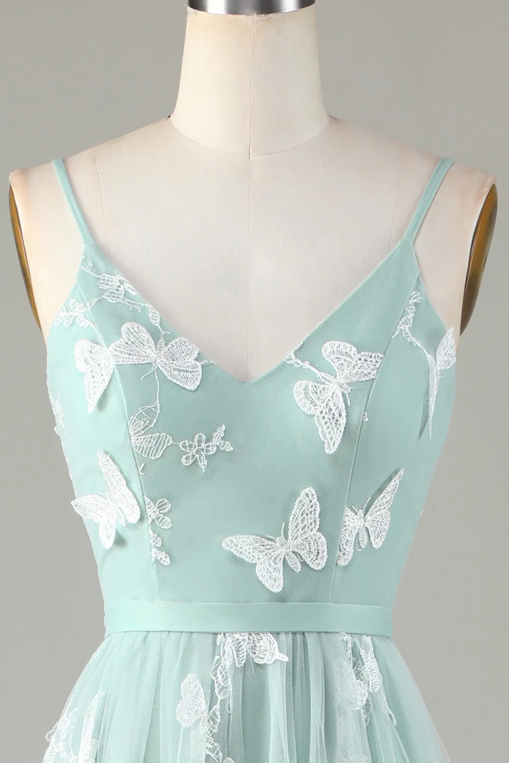 Tulle Spaghetti Straps Matcha Bridesmaid Dress with Appliques sold by Zapaka product image thumbnail 4