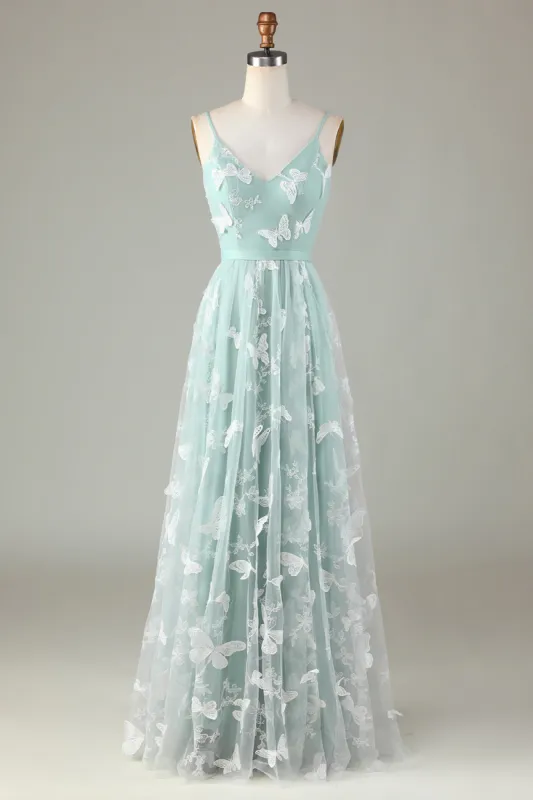 Tulle Spaghetti Straps Matcha Bridesmaid Dress with Appliques made by Zapaka