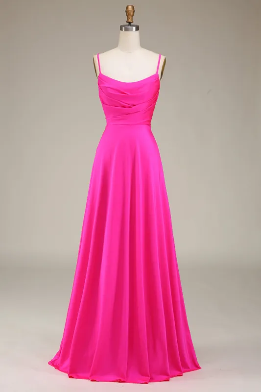 Hot Pink Spaghetti Straps A-line Prom Dress with Pleated sold by Zapaka