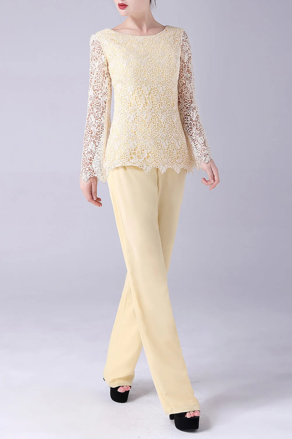 Daffodil Long Sleeves Lace Top Mother of the Bride Pant Suits sold by Zapaka product image thumbnail 4