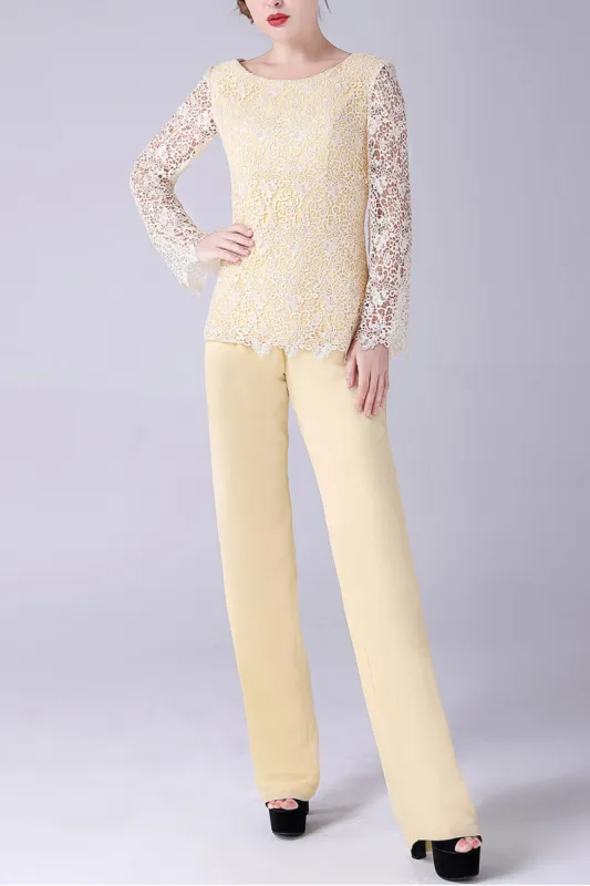 Daffodil Long Sleeves Lace Top Mother of the Bride Pant Suits sold by Zapaka