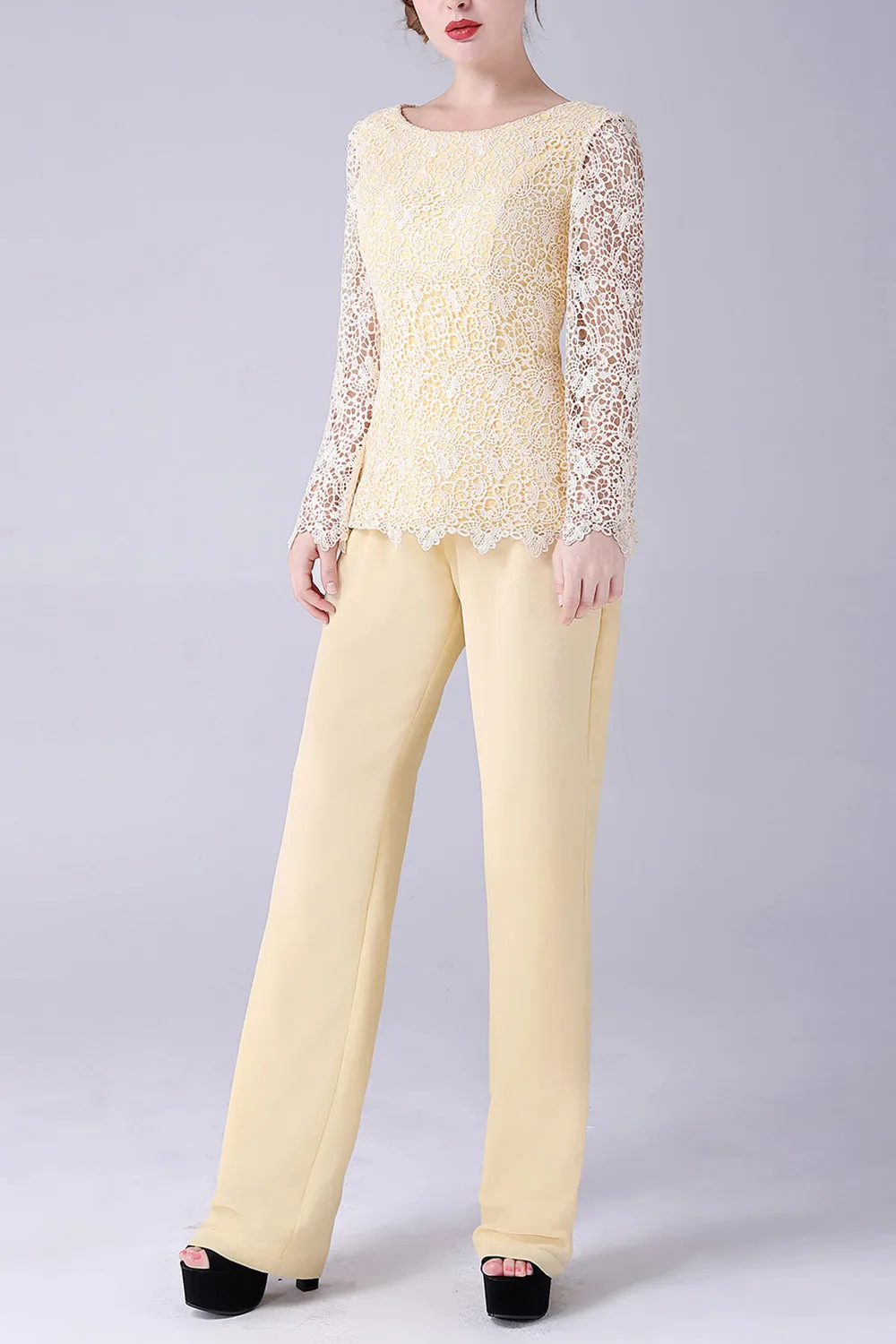 Daffodil Long Sleeves Lace Top Mother of the Bride Pant Suits sold by Zapaka product image thumbnail 3