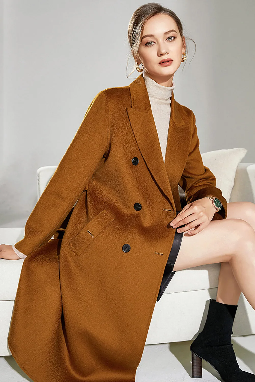 Camel Wool Double Breasted Notched Lapel Long Coat with Belt sold by Zapaka product image thumbnail 4