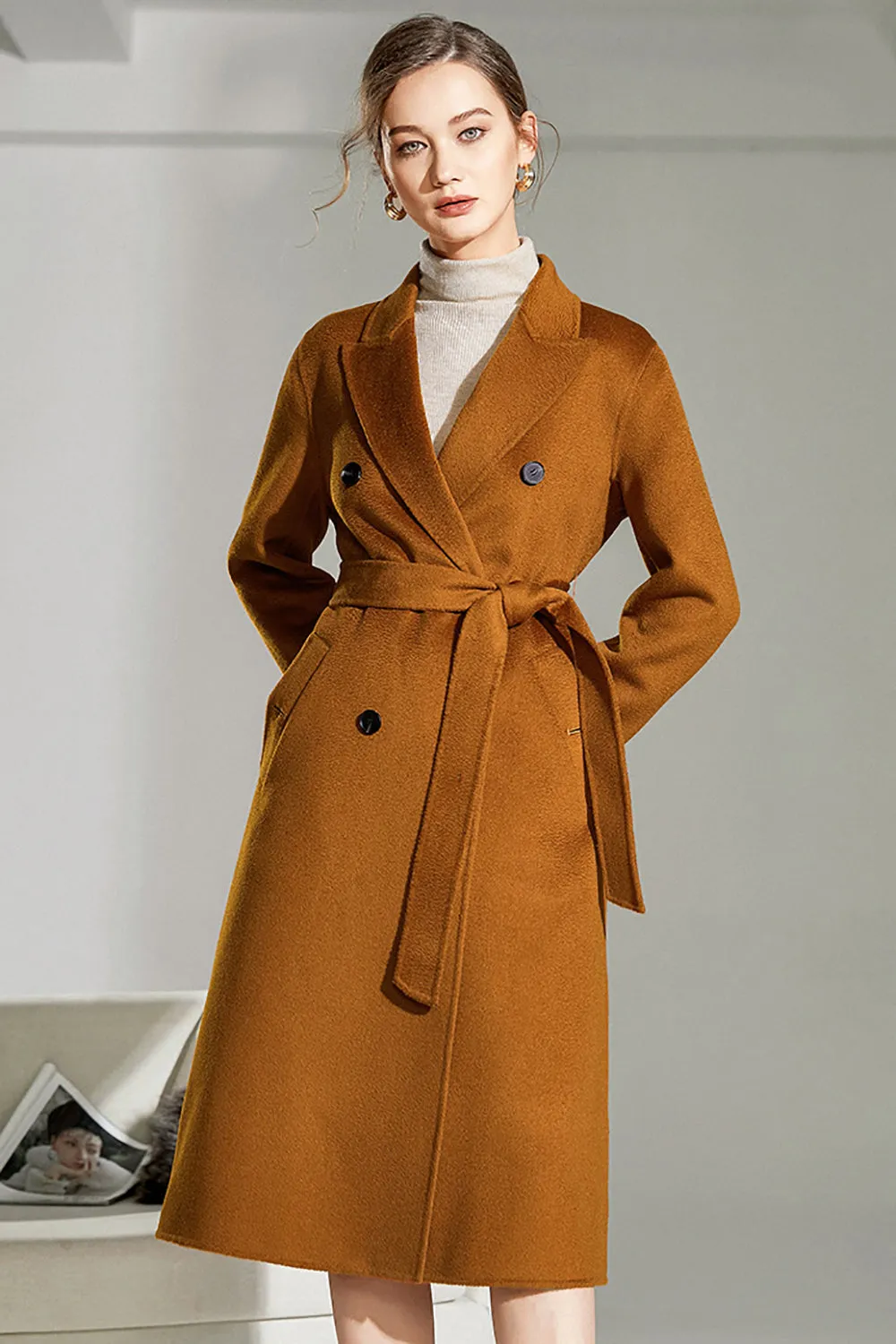 Camel Wool Double Breasted Notched Lapel Long Coat with Belt sold by Zapaka product image thumbnail 3