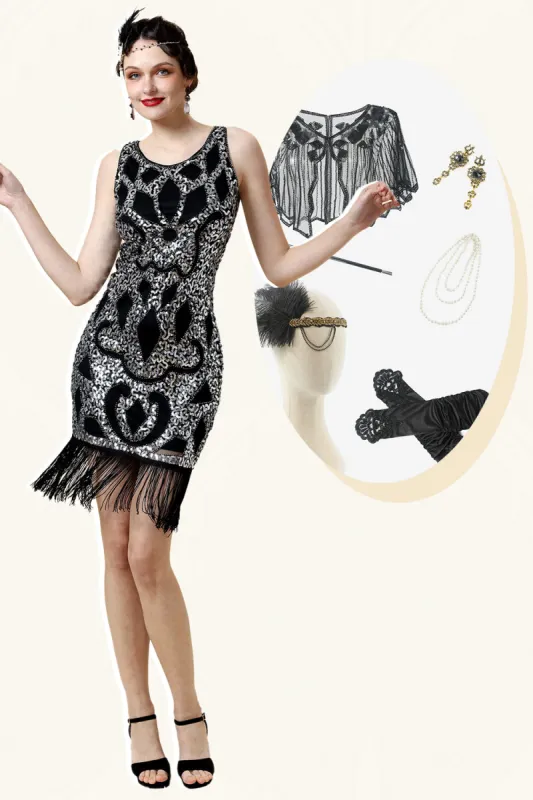 Silver Fringed Gatsby Dress with 1920s Accessories Set sold by Zapaka