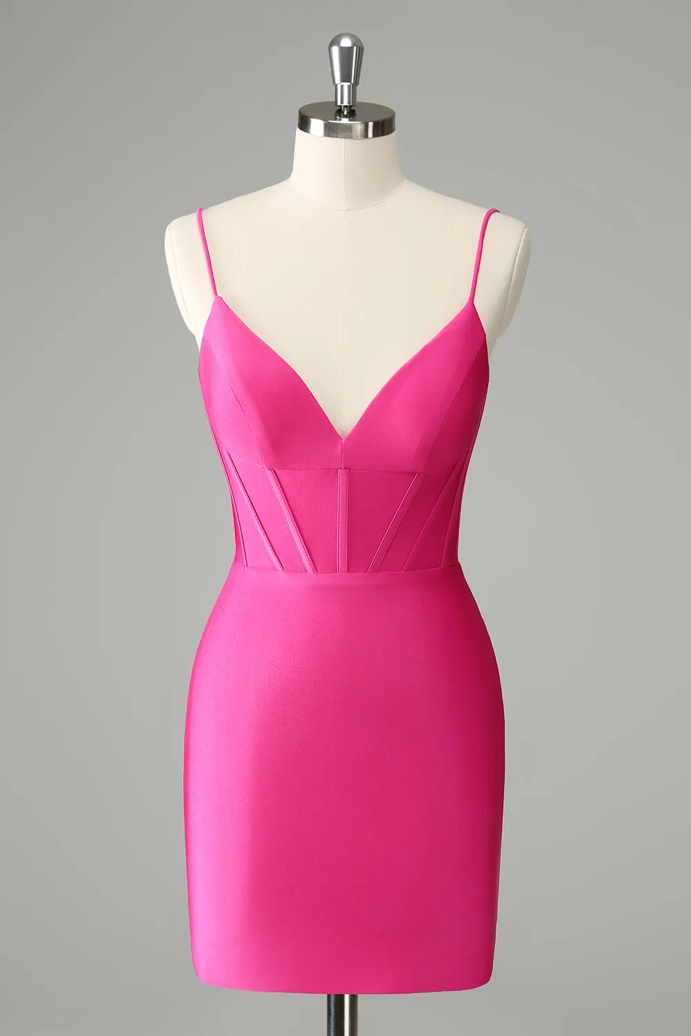 Fuchsia Bodycon Spaghetti Straps Satin Homecoming Dress sold by Zapaka