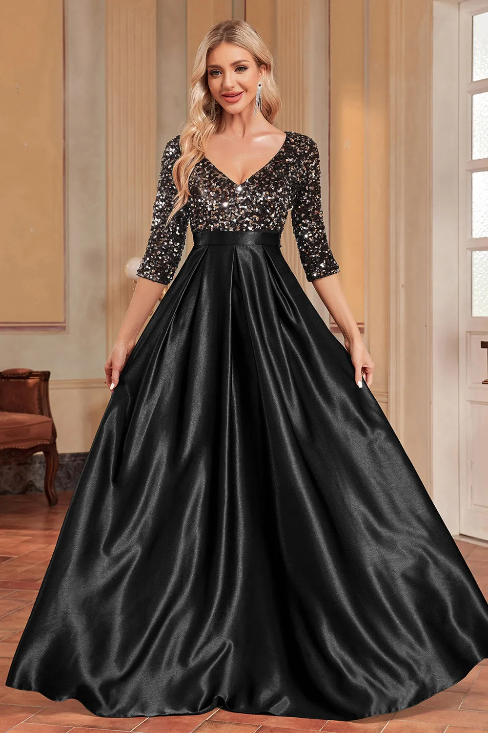 Black A-Line V Neck Sequins Short Sleeves Long Prom Dress sold by Zapaka