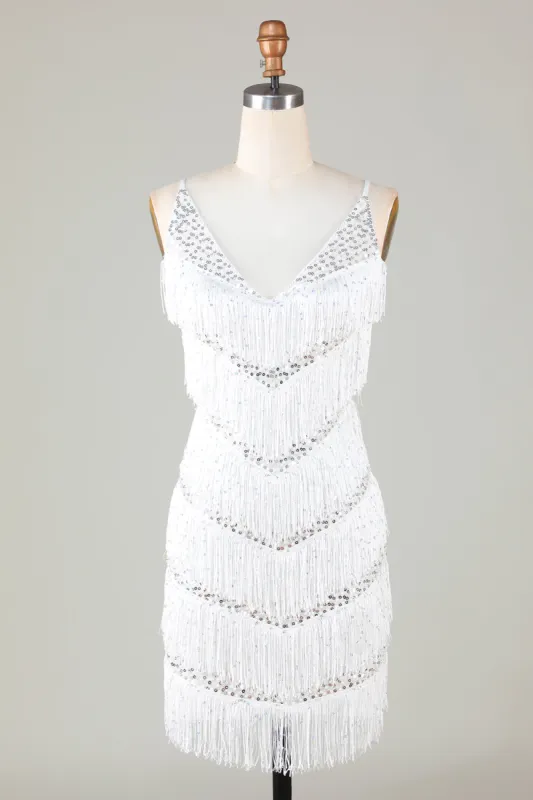 White Bodycon V-Neck Cross Back Tassel Homecoming Dress sold by Zapaka