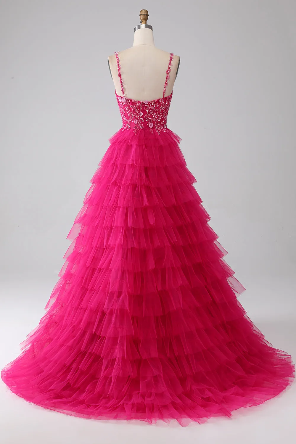 Fuchsia Princess A-Line Spaghetti Straps Sequin Tiered Long Prom Dress with Slit sold by Zapaka product image thumbnail 2