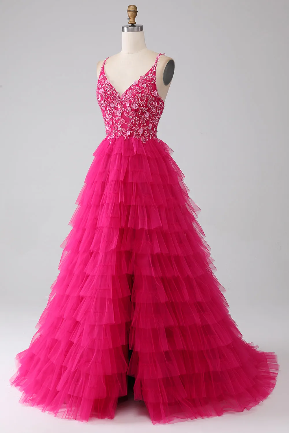 Fuchsia Princess A-Line Spaghetti Straps Sequin Tiered Long Prom Dress with Slit sold by Zapaka product image thumbnail 3