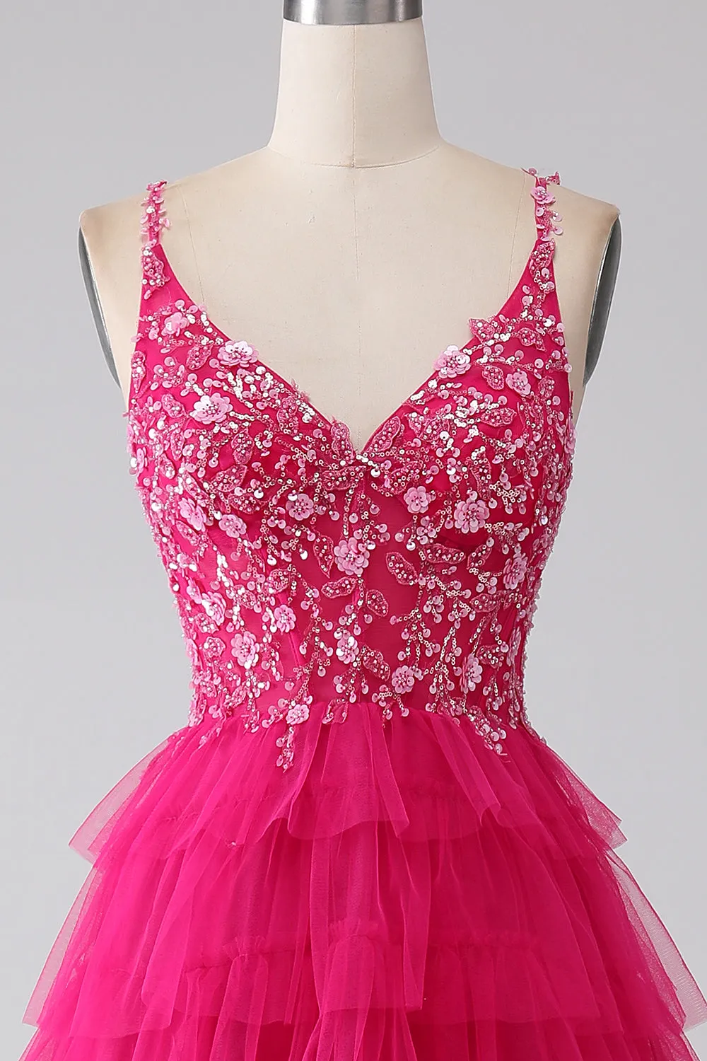 Fuchsia Princess A-Line Spaghetti Straps Sequin Tiered Long Prom Dress with Slit sold by Zapaka product image thumbnail 4
