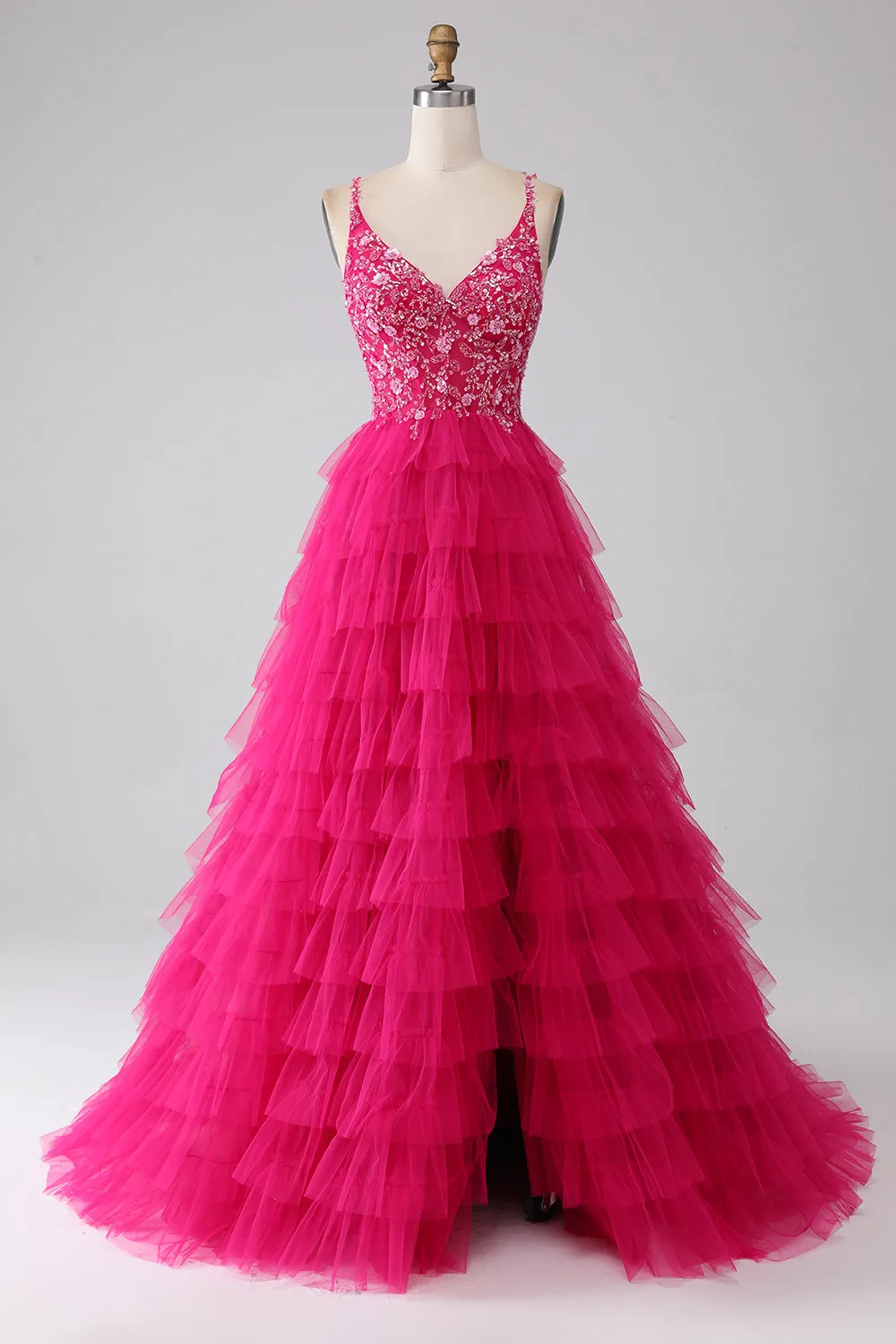 Fuchsia Princess A-Line Spaghetti Straps Sequin Tiered Long Prom Dress with Slit sold by Zapaka