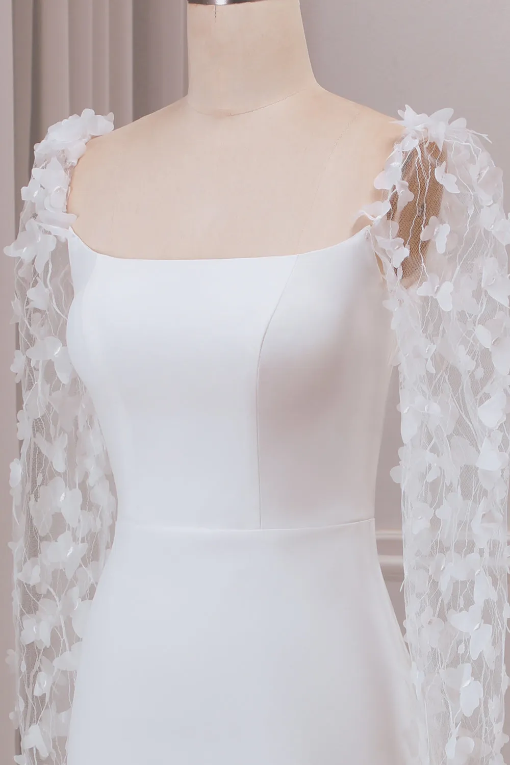 Ivory Trumpet Sweep Train Long Sleeves Bridal Dress with 3D Appliques sold by Zapaka product image thumbnail 5