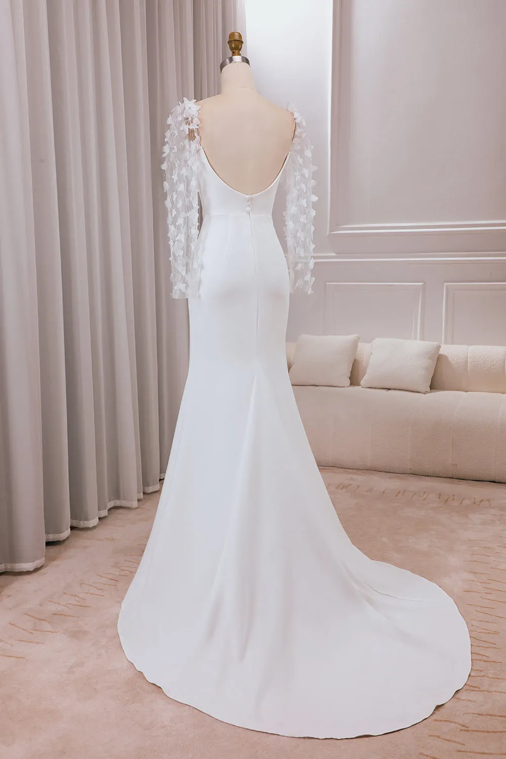Ivory Trumpet Sweep Train Long Sleeves Bridal Dress with 3D Appliques sold by Zapaka product image thumbnail 2