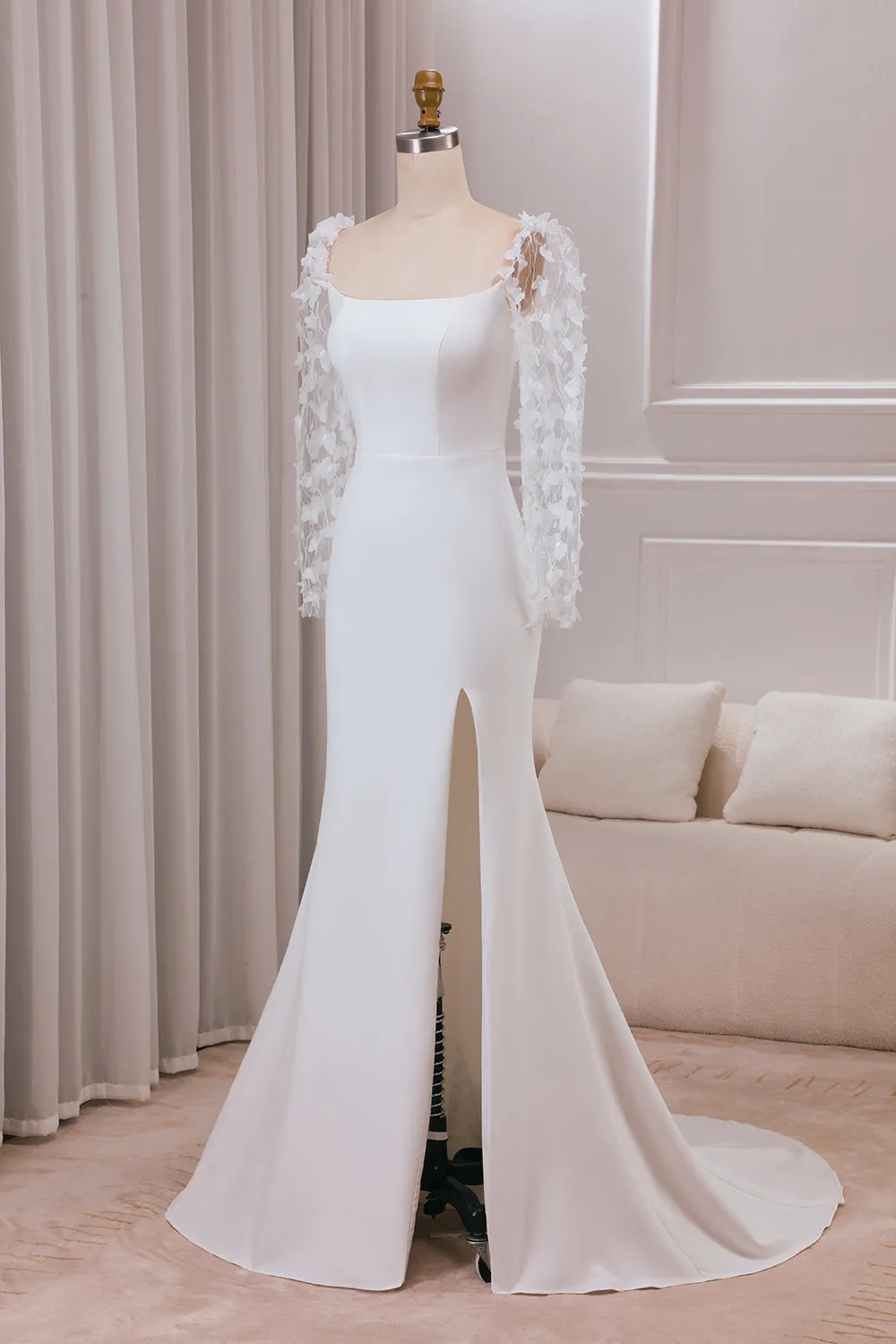 Ivory Trumpet Sweep Train Long Sleeves Bridal Dress with 3D Appliques sold by Zapaka product image thumbnail 3