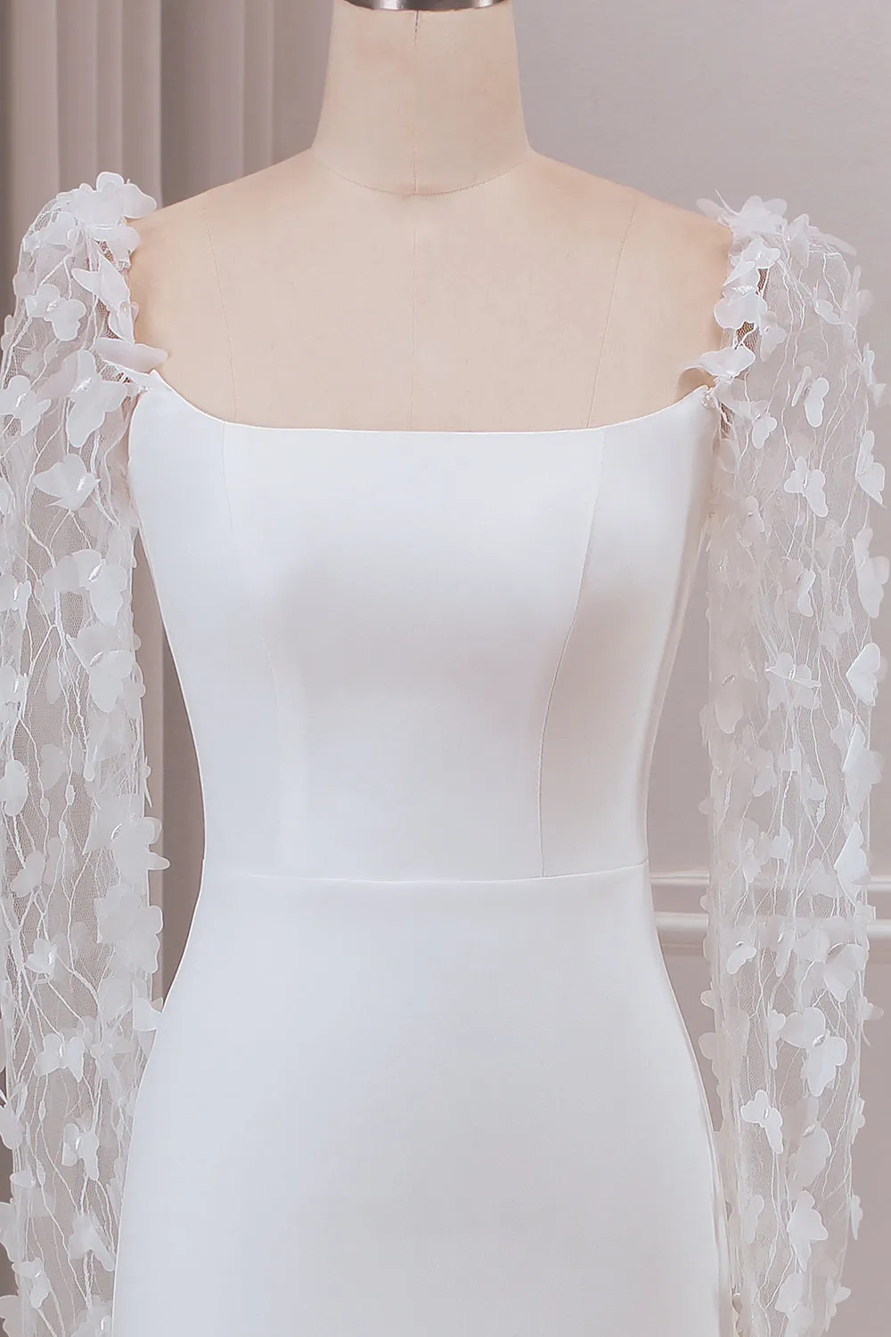 Ivory Trumpet Sweep Train Long Sleeves Bridal Dress with 3D Appliques sold by Zapaka product image thumbnail 4