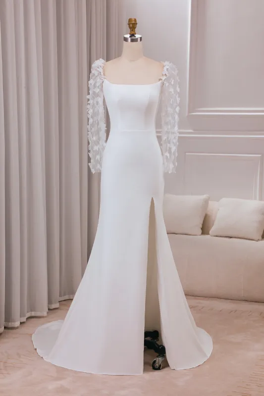 Ivory Trumpet Sweep Train Long Sleeves Bridal Dress with 3D Appliques sold by Zapaka