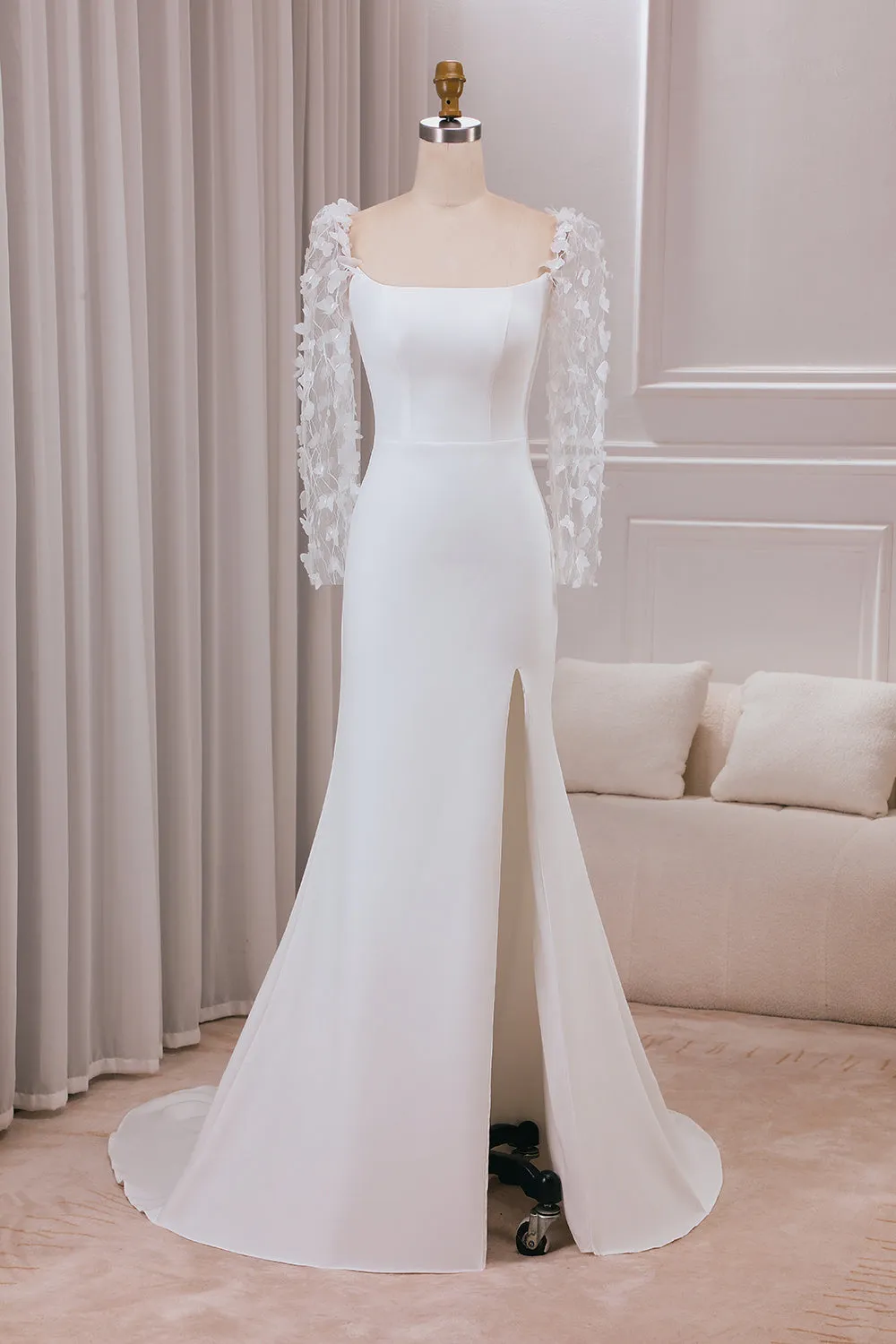 Ivory Trumpet Sweep Train Long Sleeves Bridal Dress with 3D Appliques sold by Zapaka