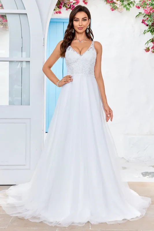 Ivory V-Neck Tulle Sweep Train A Line Wedding Dress with Lace sold by Zapaka