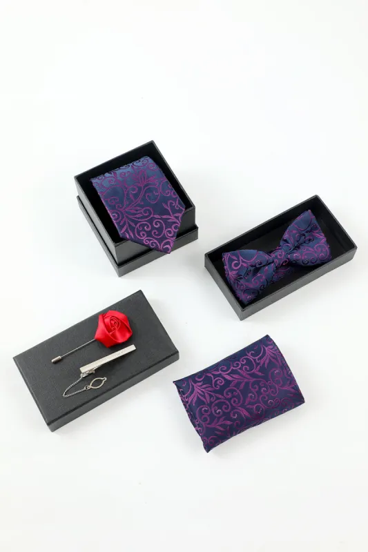 Purple Jacquard Men's 5-Piece Accessory Set Tie and Bow Tie Pocket Square Flower Lapel Pin Tie Clip sold by Zapaka