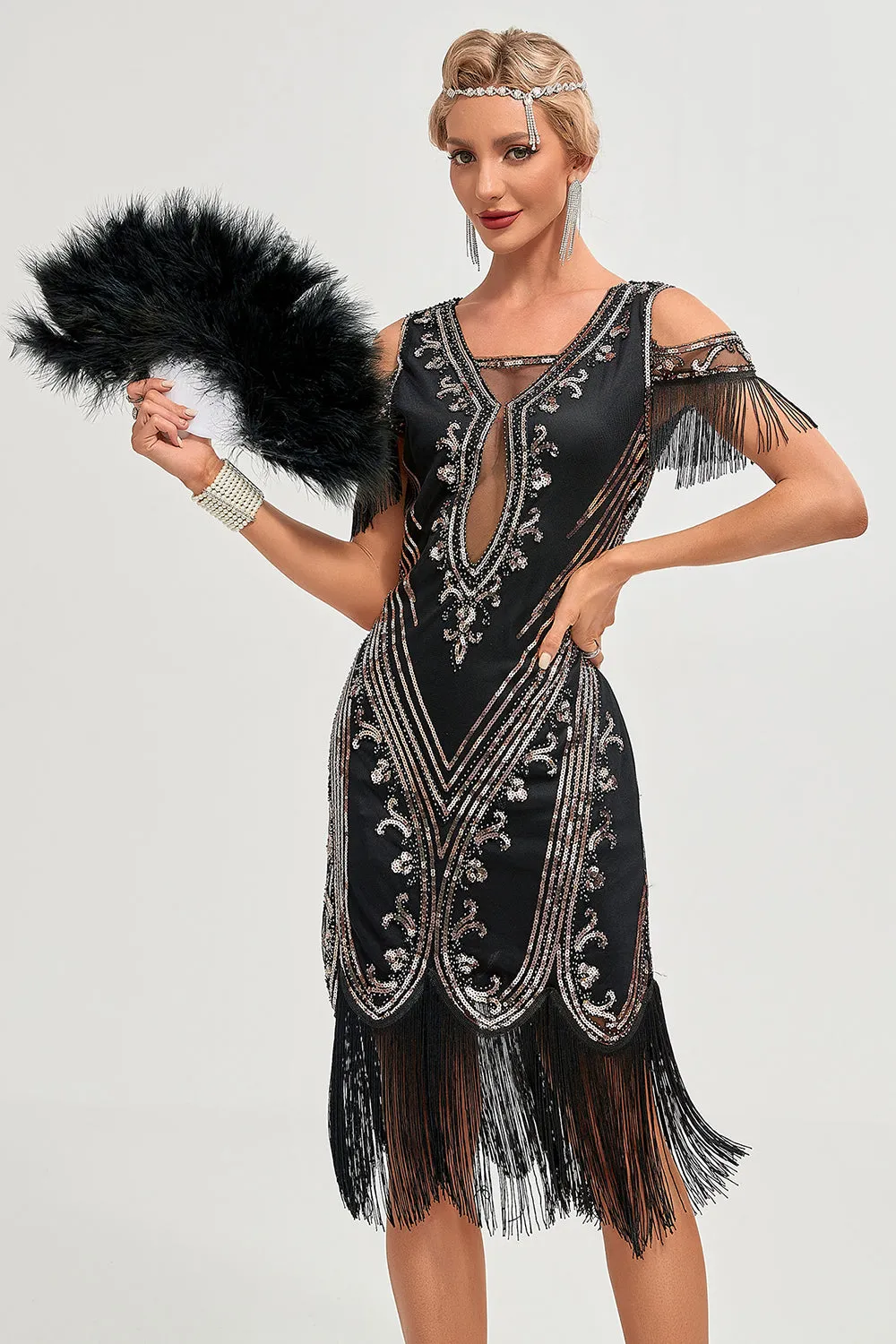 Black Cold Shoulder Sequins Fringes 1920s Gatsby Dress sold by Zapaka product image thumbnail 5
