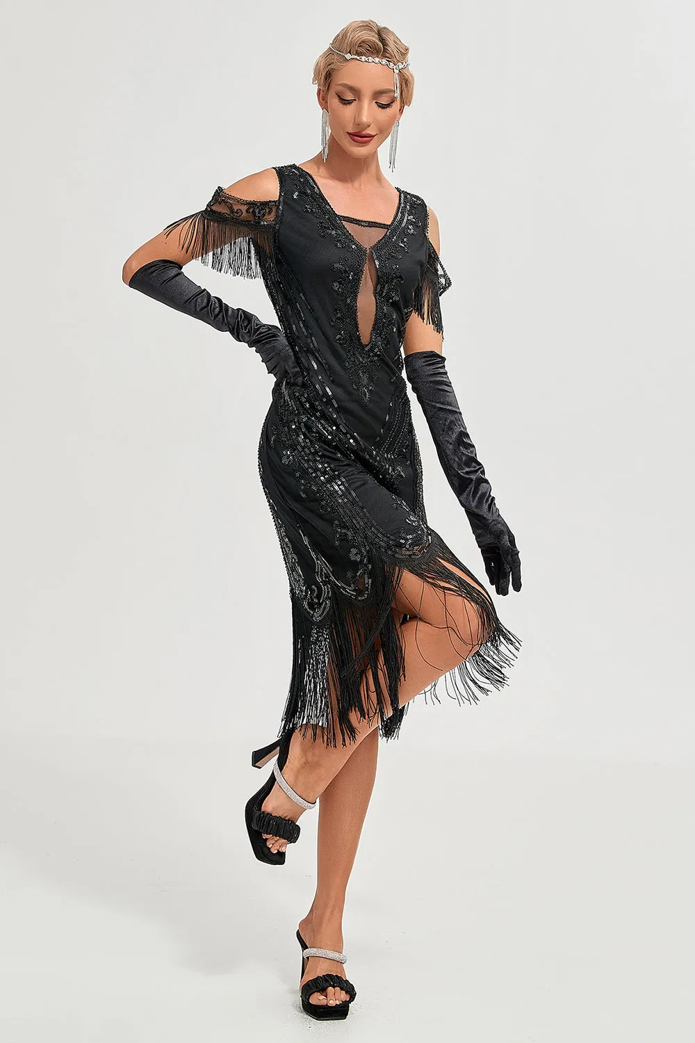 Black Cold Shoulder Sequins Fringes 1920s Gatsby Dress sold by Zapaka product image thumbnail 3