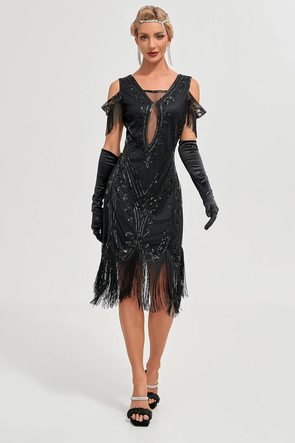 Black Cold Shoulder Sequins Fringes 1920s Gatsby Dress sold by Zapaka product image thumbnail 4