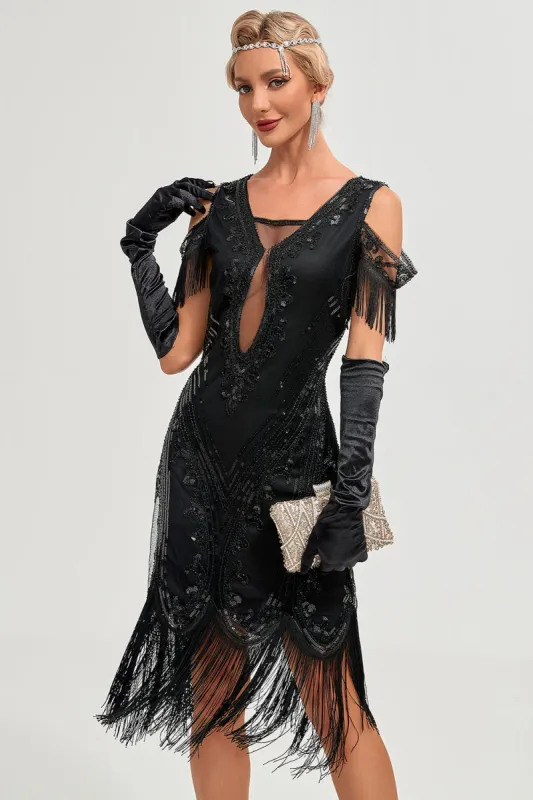 Black Cold Shoulder Sequins Fringes 1920s Gatsby Dress sold by Zapaka