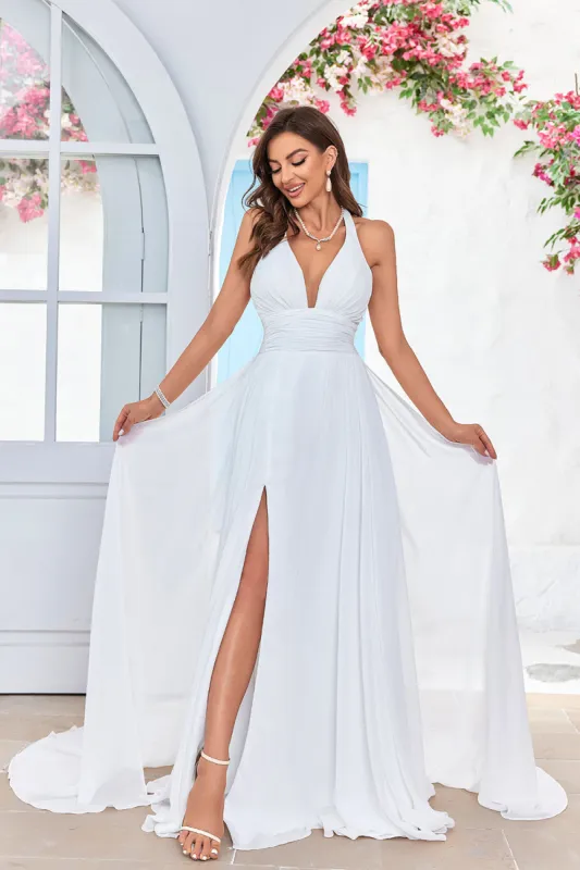 Ivory A-Line Halter Sweep Train Wedding Dress with Slit sold by Zapaka
