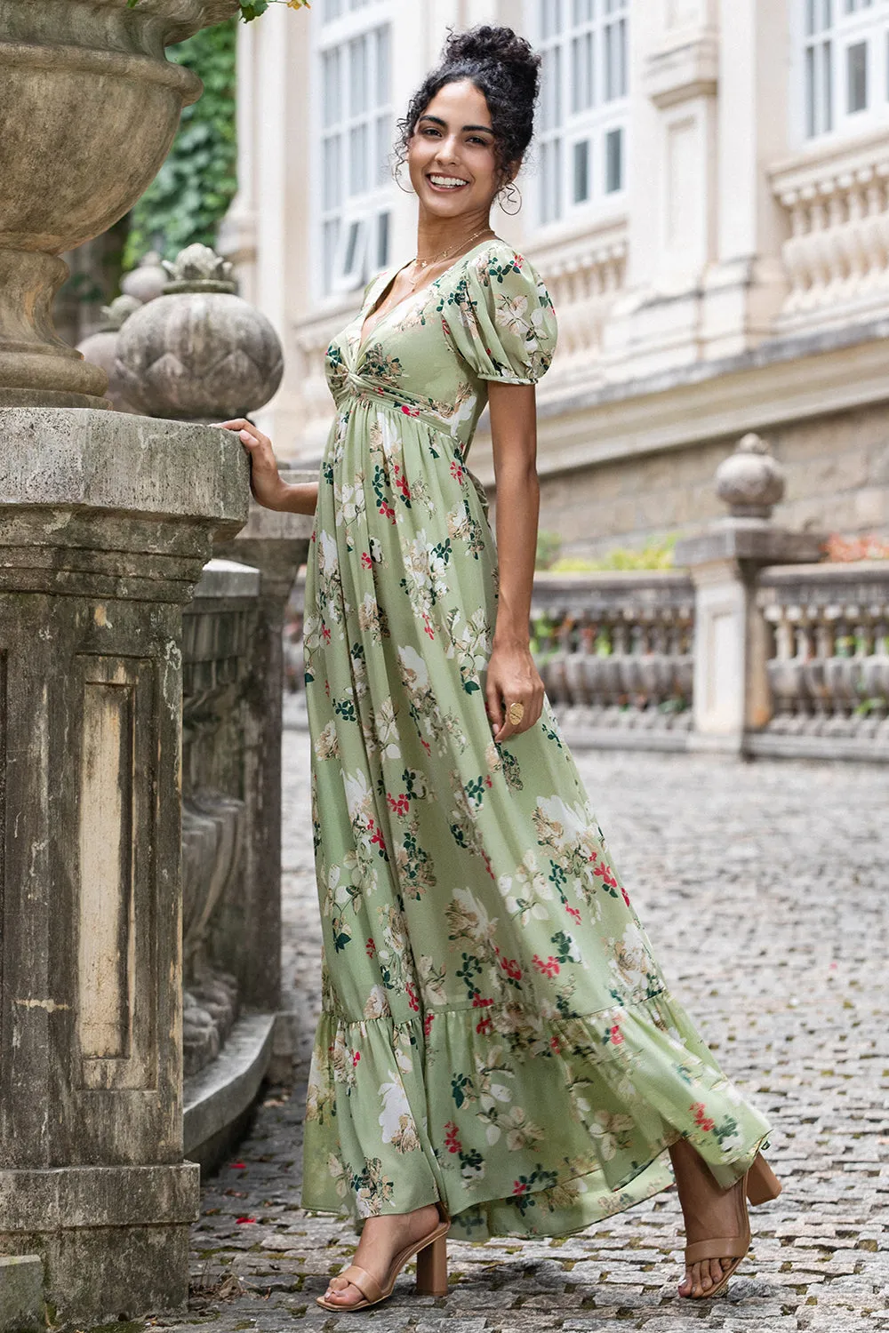 Green Flower A Line V Neck Backless Wedding Party Guest Dress with Short Sleeves sold by Zapaka product image thumbnail 3