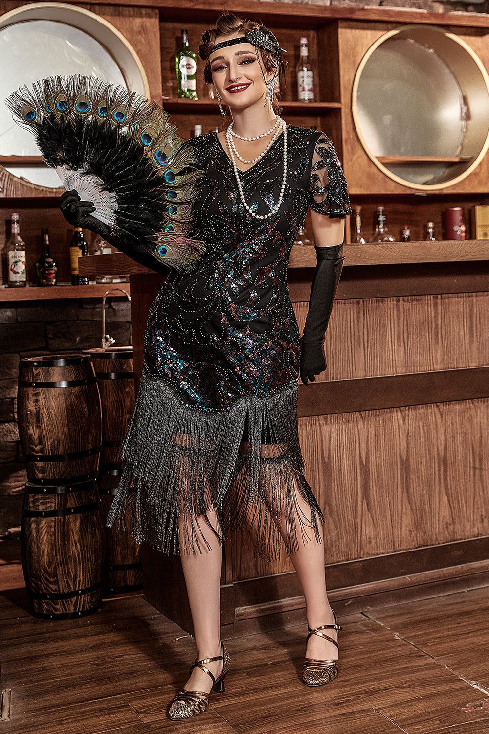 Black V-Neck 1920s Gatsby Dress with Colorful Sequins sold by Zapaka product image thumbnail 5
