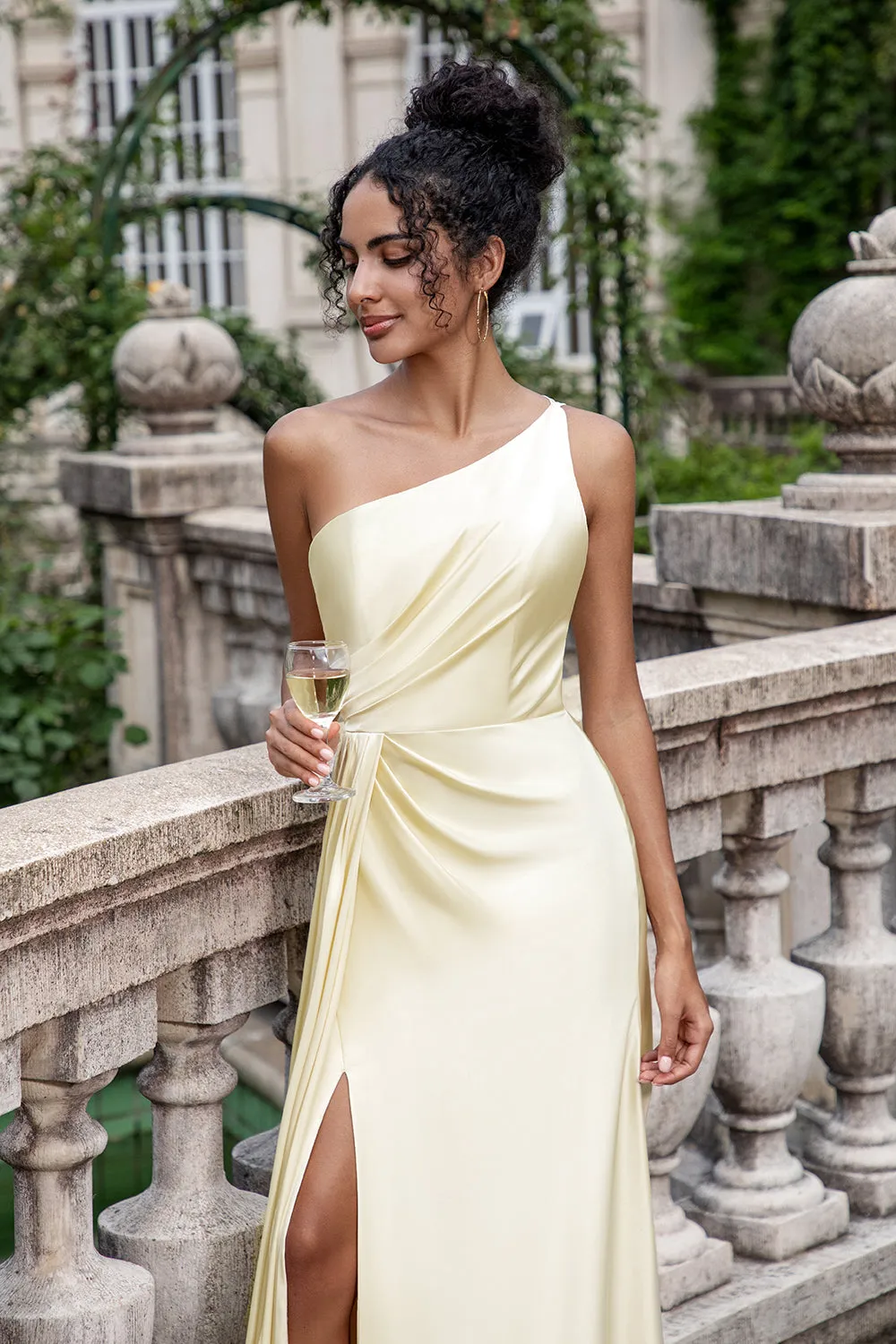 Champagne Sheath One Shoulder Long Bridesmaid Dress With Slit sold by Zapaka product image thumbnail 5