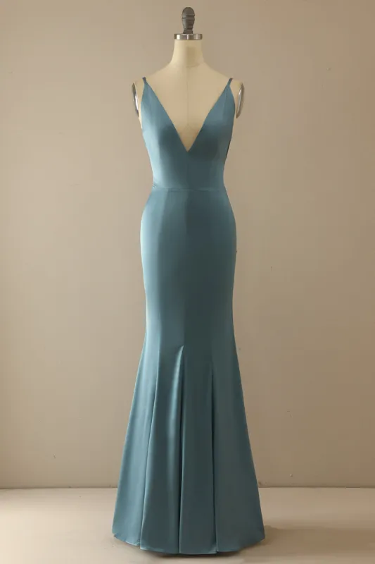 Mermaid Blue V Neck Long Prom Dress sold by Zapaka