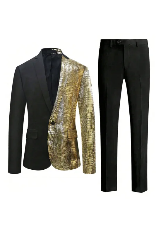Sparkly Black Golden 2 Pieces One Button Notched Lapel Men's Prom Suit sold by Zapaka