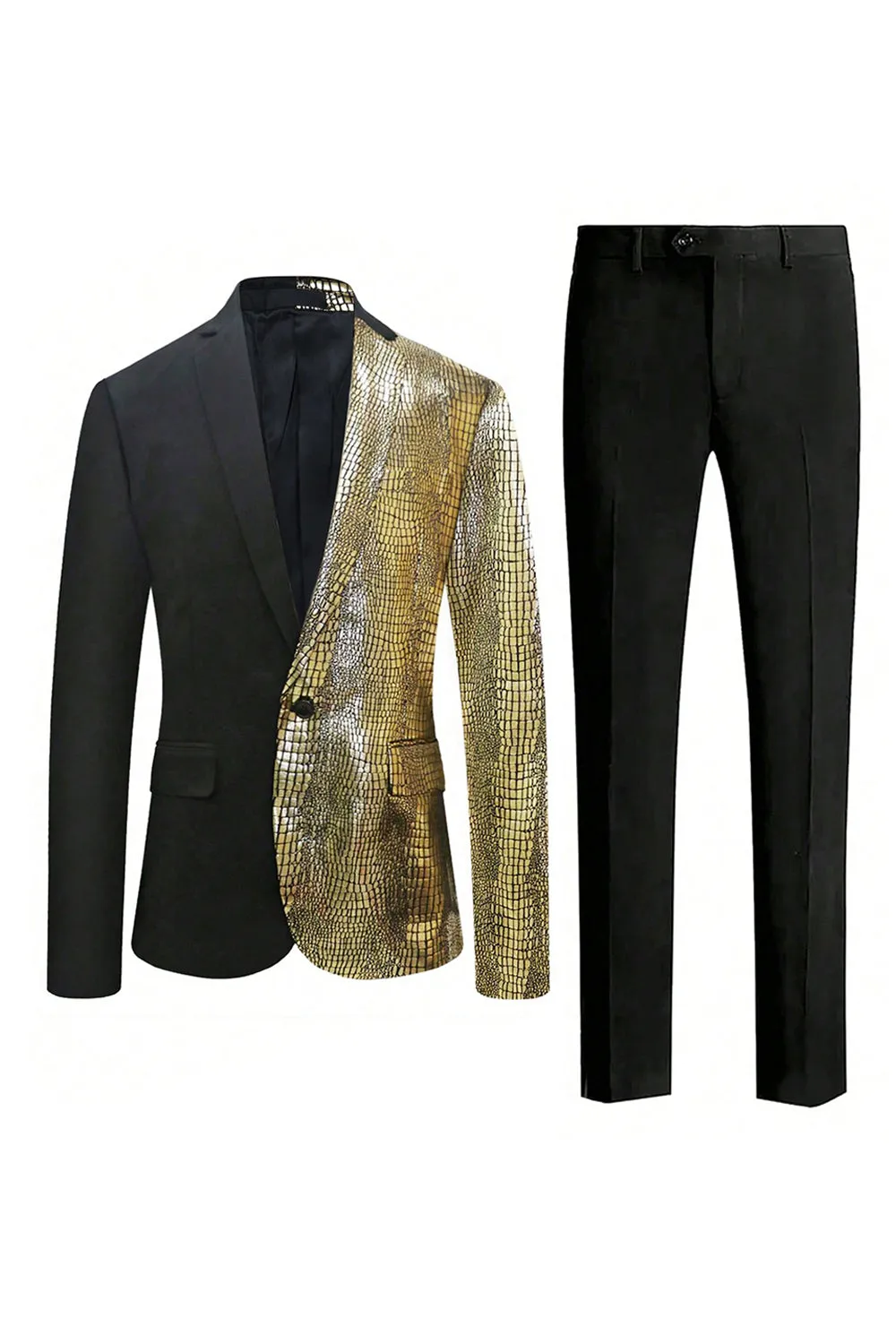 Sparkly Black Golden 2 Pieces One Button Notched Lapel Men's Prom Suit sold by Zapaka