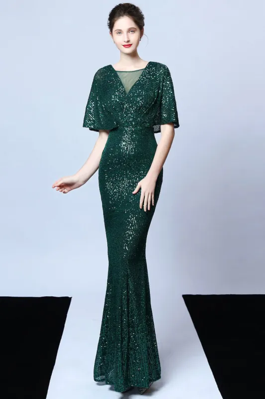 Mermaid V Neck Dark Green Sequins Long Prom Dress with Short Sleeves sold by Zapaka
