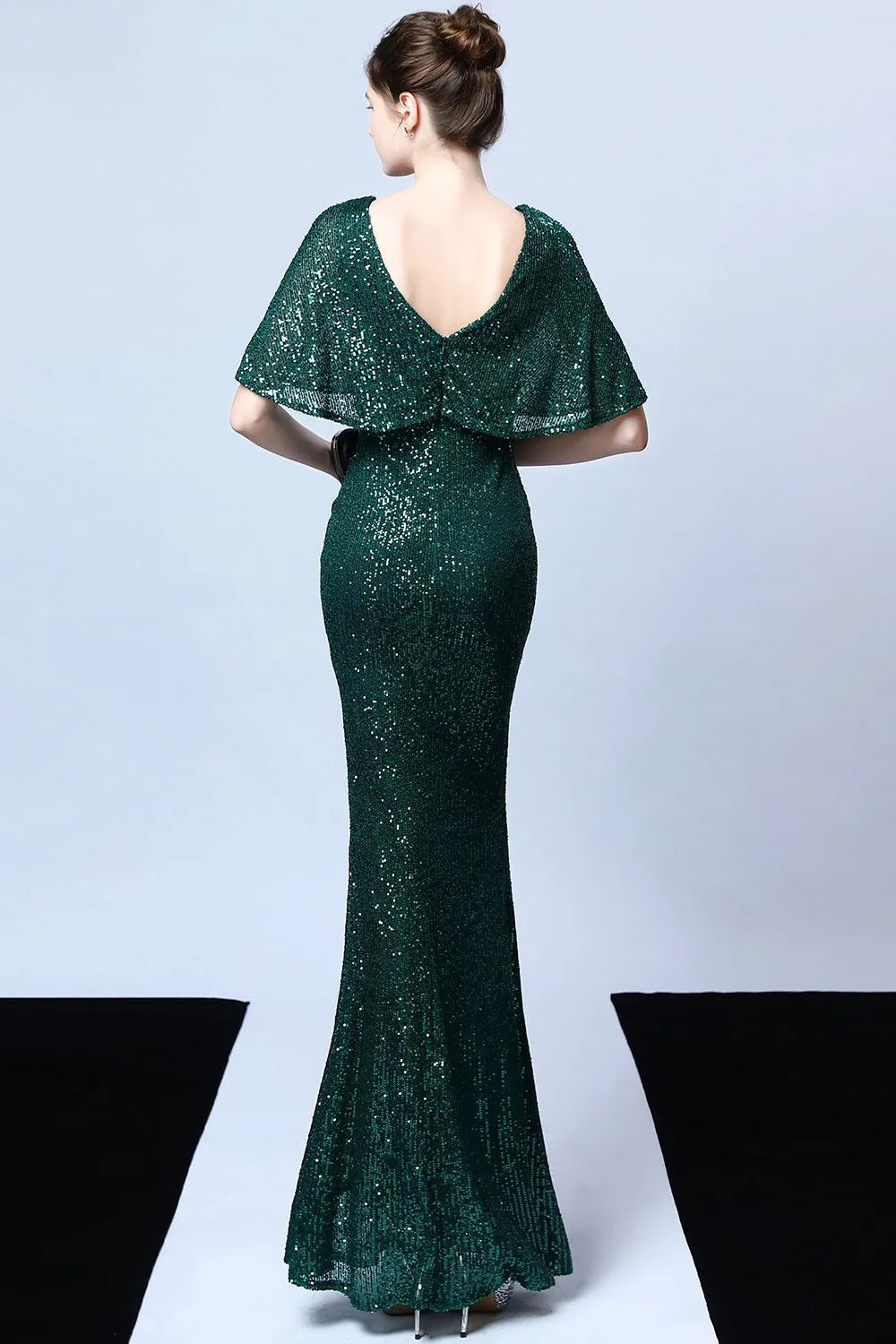 Mermaid V Neck Dark Green Sequins Long Prom Dress with Short Sleeves sold by Zapaka product image thumbnail 2