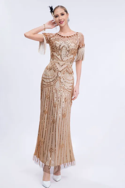 Bling Round Neck Champagne Fringes Long 1920s Dress with Short Sleeves sold by Zapaka