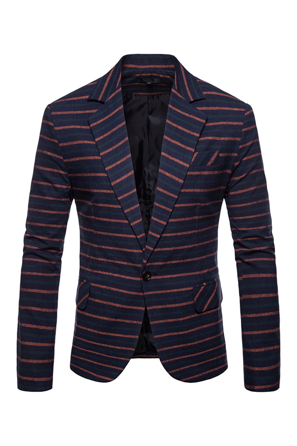 Navy Notched Lapel Orange Striped Men's Blazer sold by Zapaka