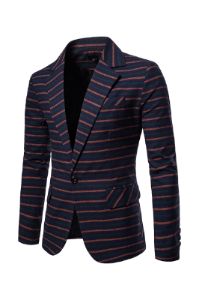 Navy Notched Lapel Orange Striped Men's Blazer sold by Zapaka