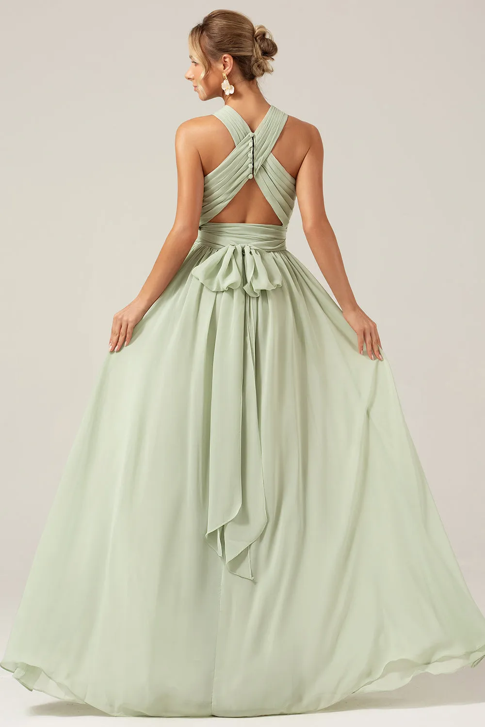 Dusty Sage Boho Chiffon Long Bridesmaid Dress with Button Back sold by Zapaka product image thumbnail 2
