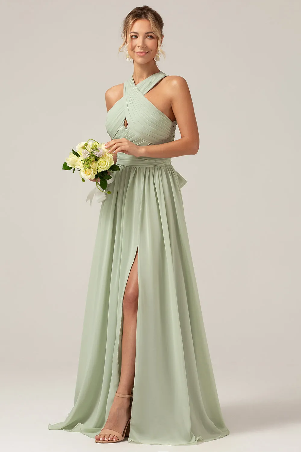 Dusty Sage Boho Chiffon Long Bridesmaid Dress with Button Back sold by Zapaka product image thumbnail 3