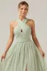 Dusty Sage Boho Chiffon Long Bridesmaid Dress with Button Back sold by Zapaka