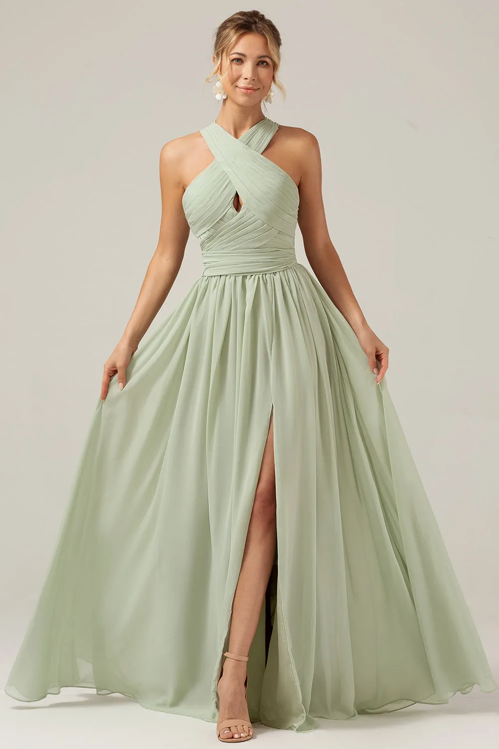 Dusty Sage Boho Chiffon Long Bridesmaid Dress with Button Back sold by Zapaka